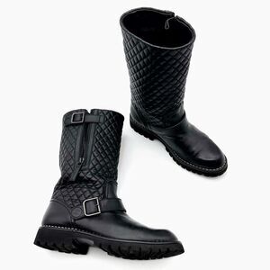 CHANEL Black CC Logo Quilted Moto Boots Size 38 Leather